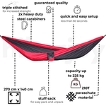Casa si Gradina - Gradina si terasa - Balansoare si hamace - Hamace si suporturi - Hamac hikerjoy, material tip parasuta, ultra usor, portabil, 270x140 cm, curele prindere si carabine incluse, negru+rosu - Infinity.ro