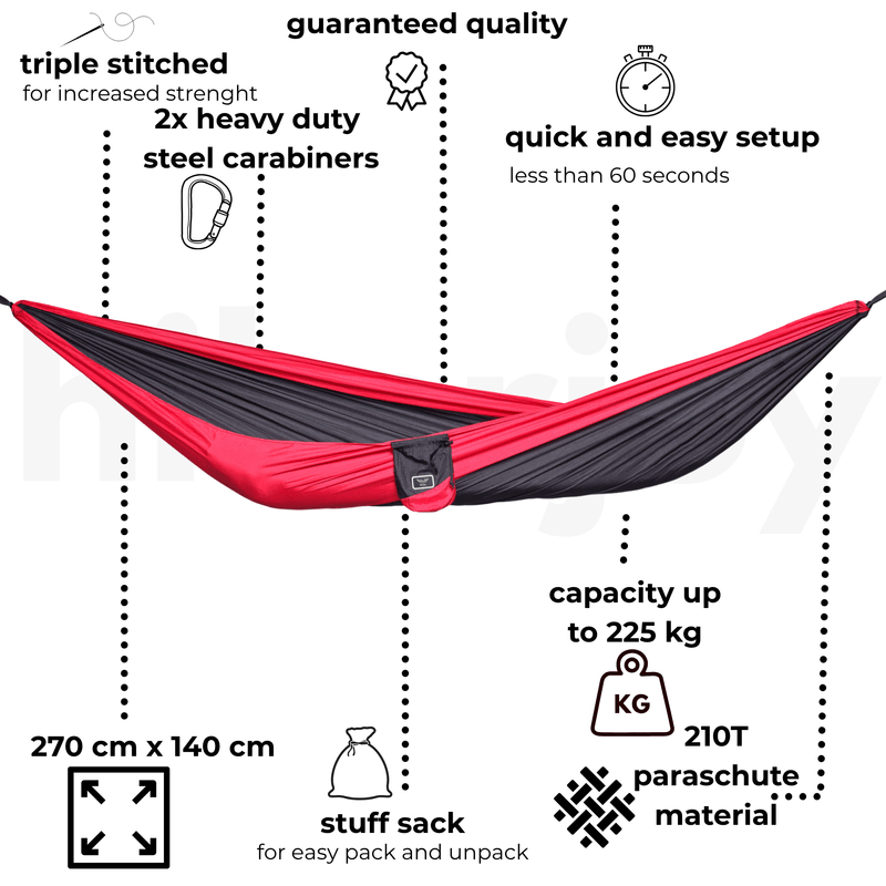 Casa si Gradina - Gradina si terasa - Balansoare si hamace - Hamace si suporturi - Hamac hikerjoy, material tip parasuta, ultra usor, portabil, 270x140 cm, curele prindere si carabine incluse, negru+rosu - Infinity.ro