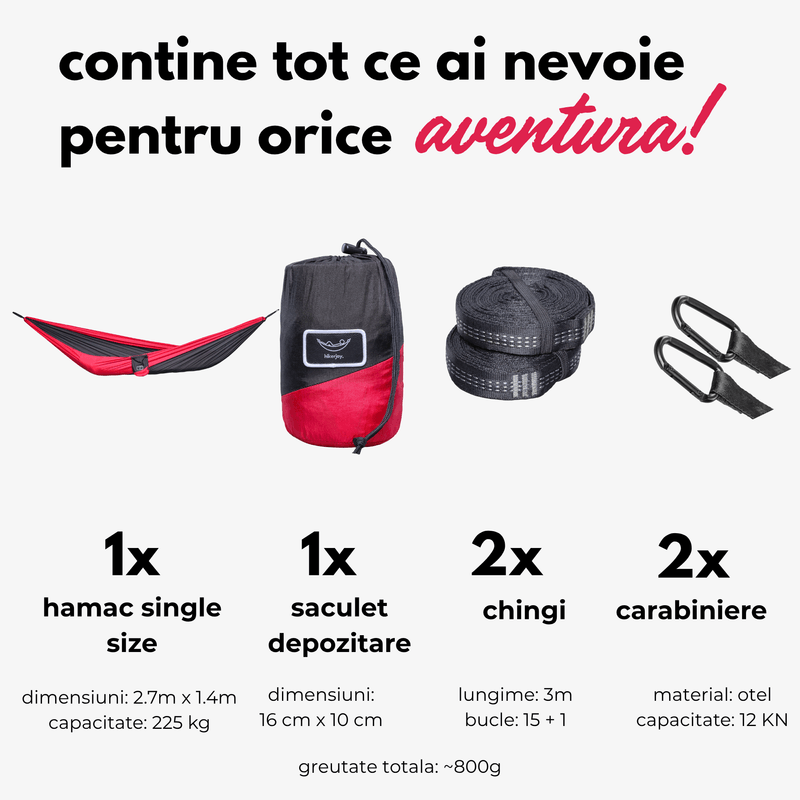 Casa si Gradina - Gradina si terasa - Balansoare si hamace - Hamace si suporturi - Hamac hikerjoy, material tip parasuta, ultra usor, portabil, 270x140 cm, curele prindere si carabine incluse, negru+rosu - Infinity.ro