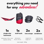 Casa si Gradina - Gradina si terasa - Balansoare si hamace - Hamace si suporturi - Hamac hikerjoy, material tip parasuta, ultra usor, portabil, 270x140 cm, curele prindere si carabine incluse, negru+rosu - Infinity.ro