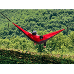 Casa si Gradina - Gradina si terasa - Balansoare si hamace - Hamace si suporturi - Hamac hikerjoy, material tip parasuta, ultra usor, portabil, 270x140 cm, curele prindere si carabine incluse, negru+rosu - Infinity.ro