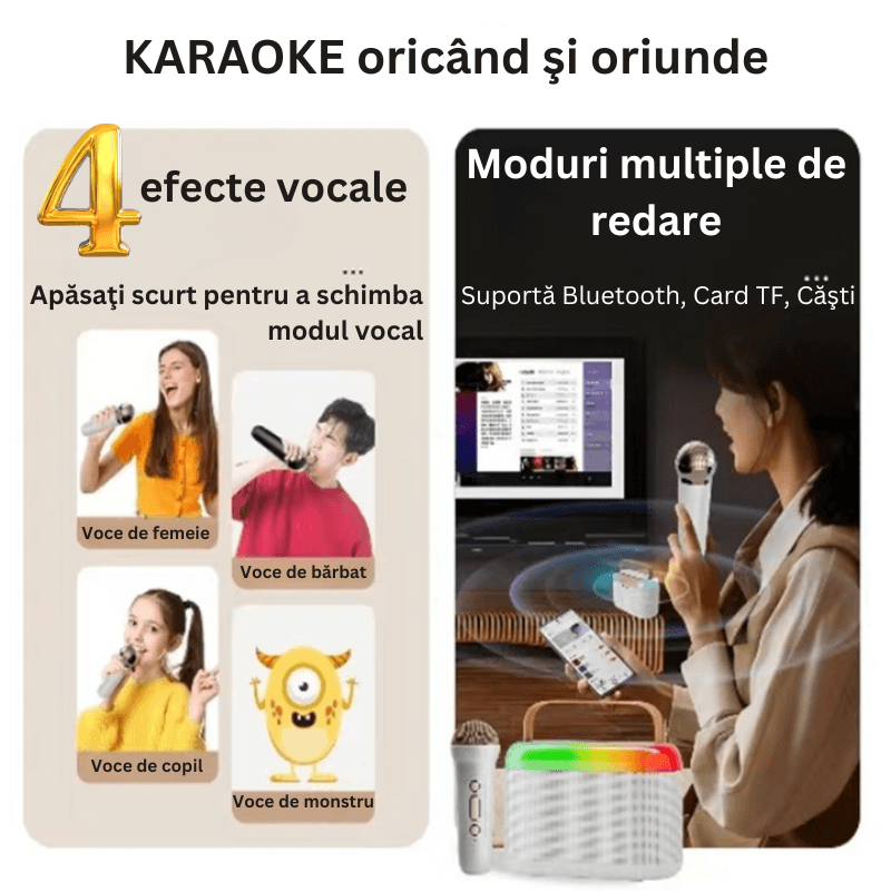TV, Audio-Video si Foto - Accesorii TV si audio - Microfoane - Set 2 Microfoane si Boxa Portabila Karaoke Smart, Seezesol Solution™, Wireless, player MP3, 4 Efecte Voce, MicroSD card - Infinity.ro