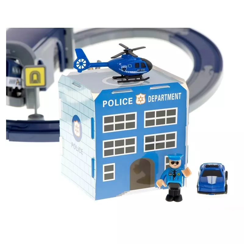 Jucarii, Copii si Bebe - Jucarii si jocuri - Vehicule si jucarii cu telecomanda - Trenulete de jucarie - Tren electric cu vagoane de politie si elicopter, 92 de elemente, Gonga® Albastru/Gri - Infinity.ro