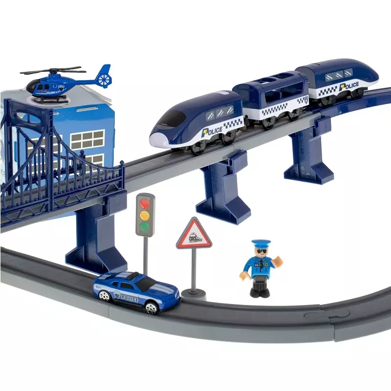 Jucarii, Copii si Bebe - Jucarii si jocuri - Vehicule si jucarii cu telecomanda - Trenulete de jucarie - Tren electric cu vagoane de politie si elicopter, 92 de elemente, Gonga® Albastru/Gri - Infinity.ro