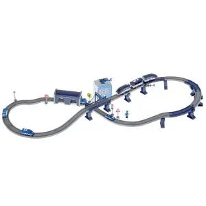 Tren electric cu vagoane de politie si elicopter, 92 de elemente, Gonga® Albastru/Gri