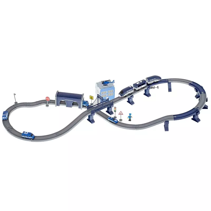 Jucarii, Copii si Bebe - Jucarii si jocuri - Vehicule si jucarii cu telecomanda - Trenulete de jucarie - Tren electric cu vagoane de politie si elicopter, 92 de elemente, Gonga® Albastru/Gri - Infinity.ro