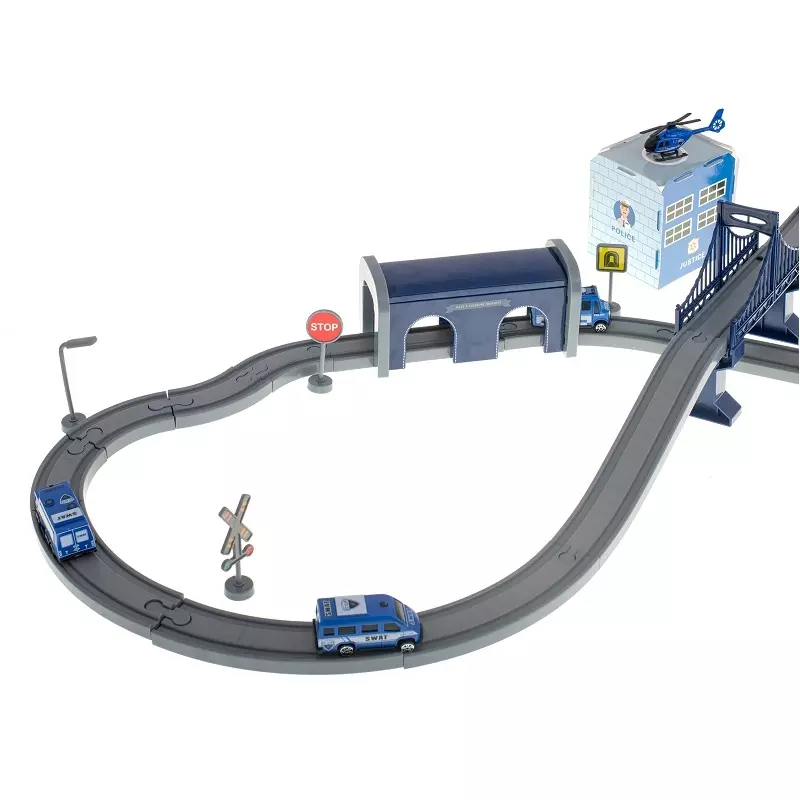 Jucarii, Copii si Bebe - Jucarii si jocuri - Vehicule si jucarii cu telecomanda - Trenulete de jucarie - Tren electric cu vagoane de politie si elicopter, 92 de elemente, Gonga® Albastru/Gri - Infinity.ro