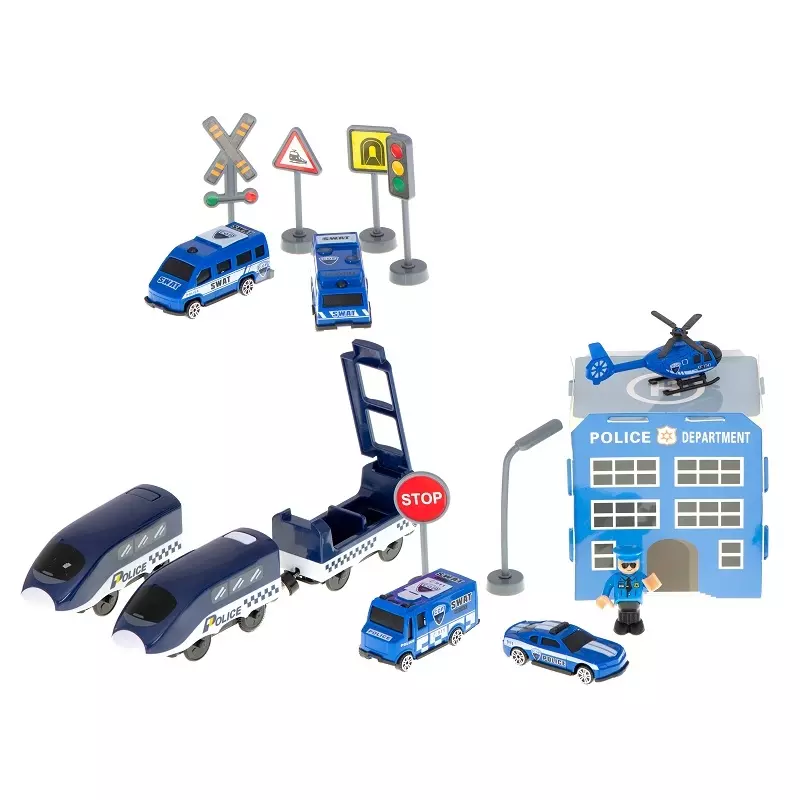 Jucarii, Copii si Bebe - Jucarii si jocuri - Vehicule si jucarii cu telecomanda - Trenulete de jucarie - Tren electric cu vagoane de politie si elicopter, 92 de elemente, Gonga® Albastru/Gri - Infinity.ro