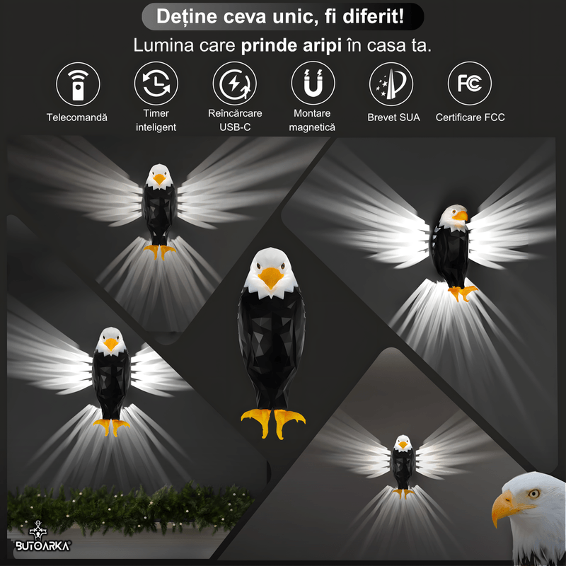 Casa si Gradina - Corpuri si surse de iluminat - Veioze si lampi - Lampi de veghe - Lampa de Perete 3D Vultur, Design modern, Telecomanda, Incarcare USB-C, Prindere Magnetica, ABS de Calitate, Silicon - Infinity.ro