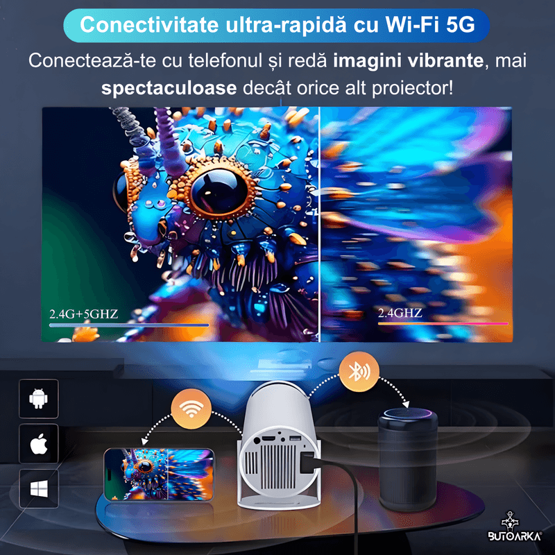 TV, Audio-Video si Foto - Videoproiectoare si accesorii - Videoproiectoare - Videoproiector Smart LED, UltraHD, suport 4K, Android 11, Wi-Fi6, Proiectie Ajustabila, Autofocus, Mirroring Android/IOS - Infinity.ro