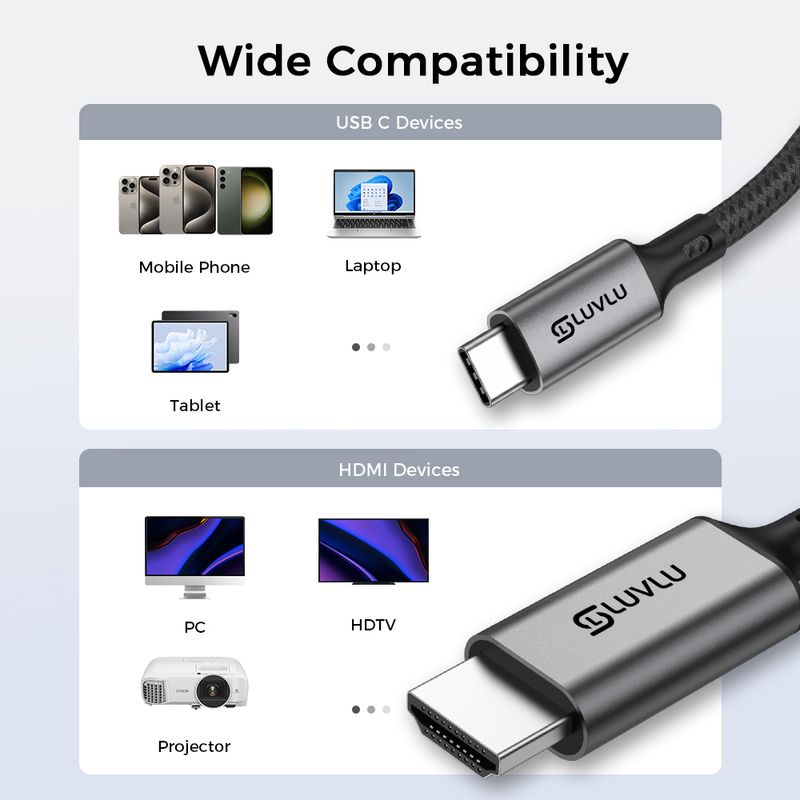 Laptop, Telefoane si Tablete - Telefoane mobile si accesorii - Accesorii Telefoane - Cabluri si adaptoare telefoane - Cablu USB C la HDMI LUVLU®, 8K@60Hz, 4K@240Hz, HDR, 3D, HDCP, 48Gbps, dublu impletit, compatibil thunderbolt 4,  1.8m - Infinity.ro