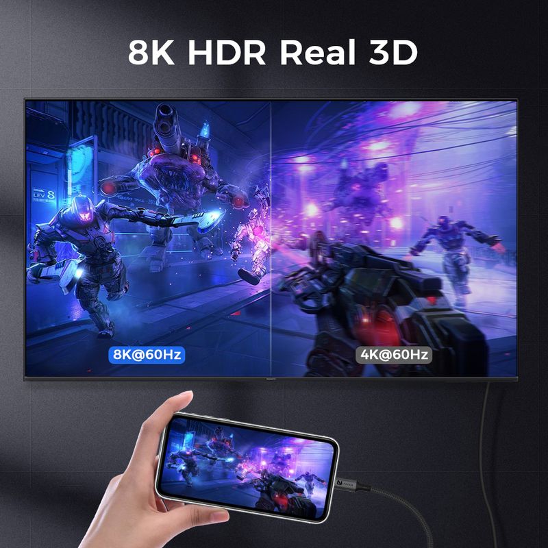 Laptop, Telefoane si Tablete - Telefoane mobile si accesorii - Accesorii Telefoane - Cabluri si adaptoare telefoane - Cablu USB C la HDMI LUVLU®, 8K@60Hz, 4K@240Hz, HDR, 3D, HDCP, 48Gbps, dublu impletit, compatibil thunderbolt 4,  1.8m - Infinity.ro