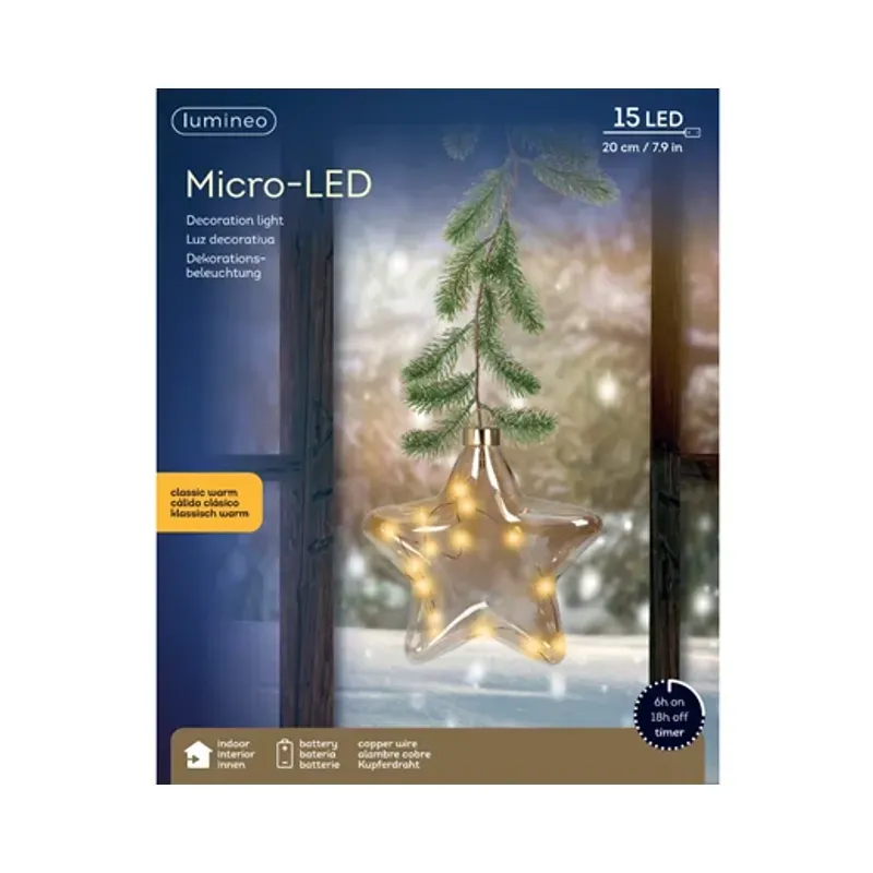 Casa si Gradina - Decoratiuni - Decoratiuni de sezon - Glob decorativ model stea cu 15 microled, diametru 20 cm, lumina alb cald, sticla, verde - Infinity.ro