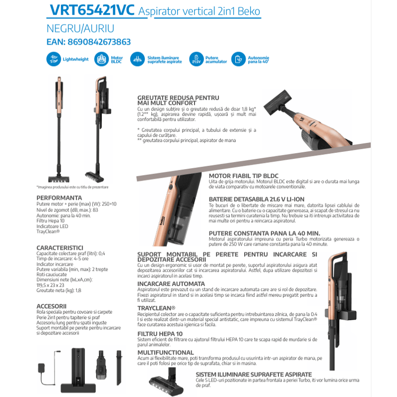 Electronice si Electrocasnice - Ingrijirea locuintei - Aspiratoare - Aspirator vertical 2in1 BEKO VRT65421VC, 250W, 0.4l, autonomie max 40 min, lumina LED, filtru HEPA 10, TrayClean - Infinity.ro