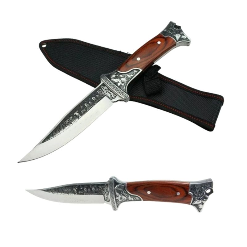 Sport si Outdoor - Camping - Cutite, bricege si accesorii - Cutite si bricege - Set doua cutite de vanatoare, design gravat, maner lemn, 28 cm, maro - Infinity.ro
