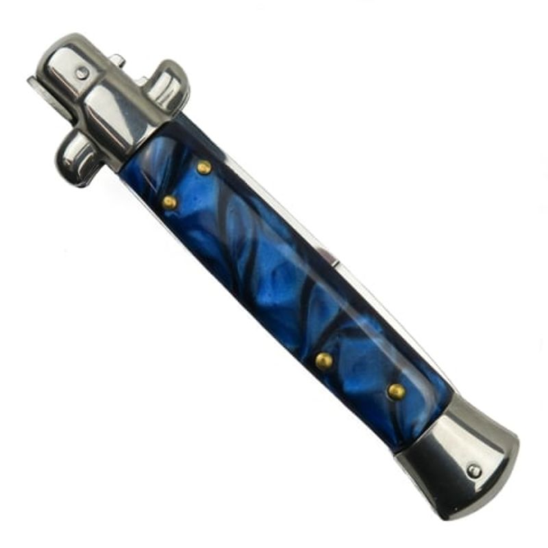 Sport si Outdoor - Camping - Cutite, bricege si accesorii - Cutite si bricege - Set doua bricege automat stiletto, Italian Blade, otel inoxidabil, husa inclusa, argintiu 33 cm, albastru 23 cm - Infinity.ro