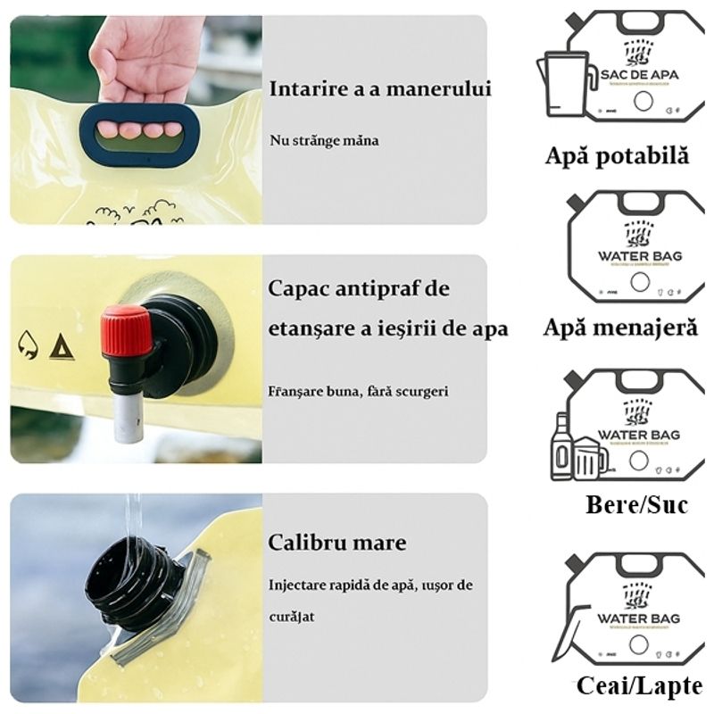 Sport si Outdoor - Camping - Accesorii camping si drumetii - Set 4 saci de apa pliabili 8L, pentru camping si calatorii, bej - Infinity.ro