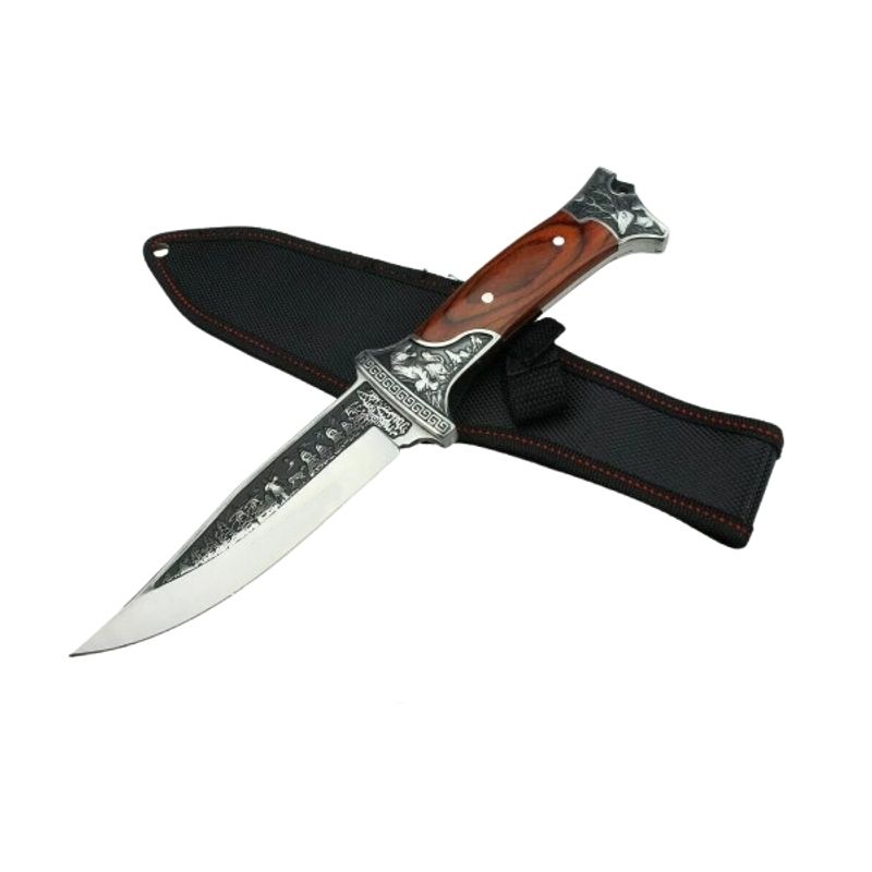 Sport si Outdoor - Camping - Cutite, bricege si accesorii - Cutite si bricege - Cutit de vanatoare, design gravat, maner lemn, 28 cm, maro - Infinity.ro