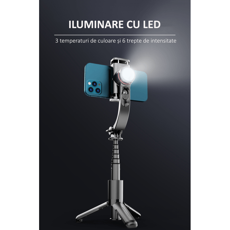 Laptop, Telefoane si Tablete - Telefoane mobile si accesorii - Accesorii Telefoane - Selfie stick-uri - Selfie Stick cu Stabilizator, LED, Telecomanda Bluetooth, iOS/Android, OBRALIX® - Infinity.ro