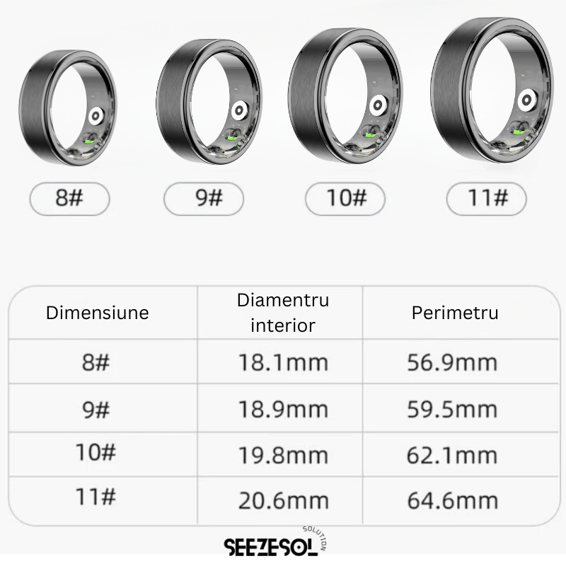 Laptop, Telefoane si Tablete - Wearables si gadgeturi - Gadgeturi - Accesorii SMART - Inel Inteligent Seezesol Solution™,Bluetooth, Aplicatie QRing, Cutie Incarcare Wireless, 5 ATM, IP68, Marime 11, D 20.6 mm - Infinity.ro