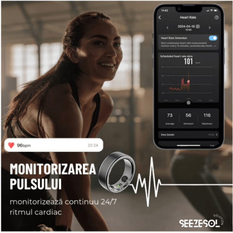 Laptop, Telefoane si Tablete - Wearables si gadgeturi - Gadgeturi - Accesorii SMART - Inel Inteligent Seezesol Solution™,Bluetooth, Aplicatie QRing, Cutie Incarcare Wireless, 5 ATM, IP68, Marime 11, D 20.6 mm - Infinity.ro