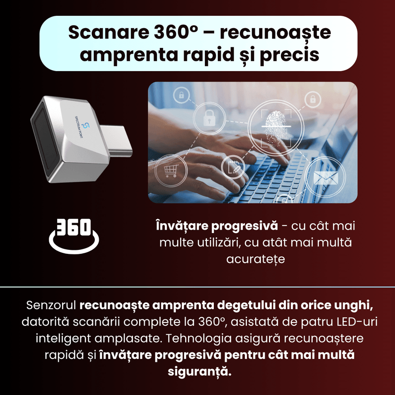 PC, gaming si accesorii - Periferice PC - Memorii USB - Cititor de amprente USB-C model U10, securitate avansata, portabil, compatibil Android si IOS, plug & play, gri - Infinity.ro