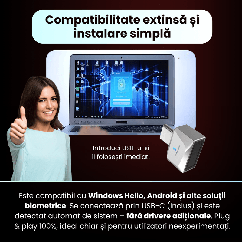 PC, gaming si accesorii - Periferice PC - Memorii USB - Cititor de amprente USB-C model U10, securitate avansata, portabil, compatibil Android si IOS, plug & play, gri - Infinity.ro