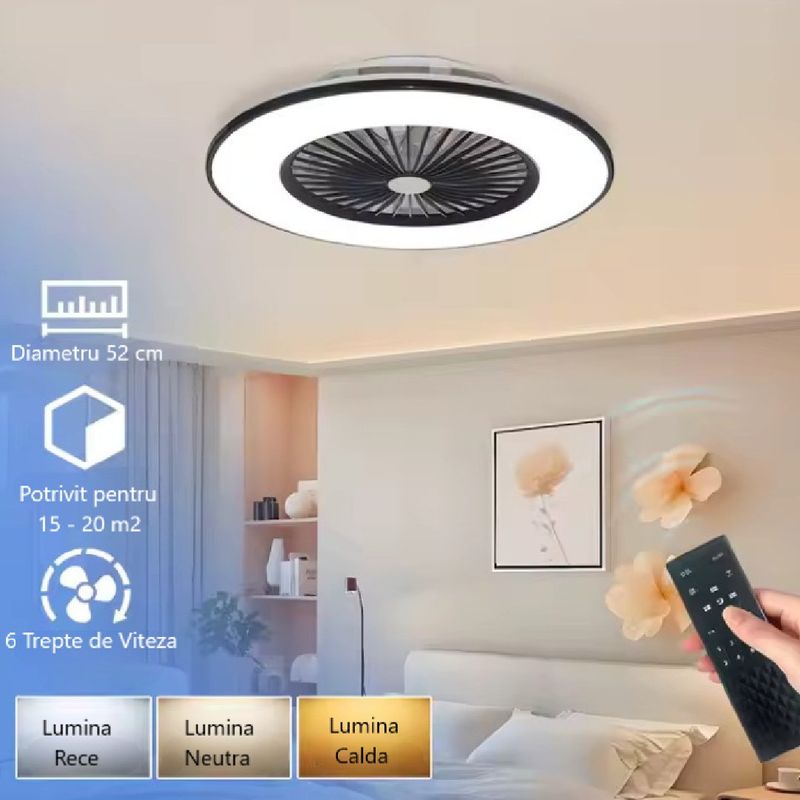 Casa si Gradina - Corpuri si surse de iluminat - Plafoniere, aplice si spoturi - Plafoniera LED cu Ventilator, Lumina Reglabila 2900k-6500k, 2520Lumeni, Diametru 52cm, Putere 36+36W - Infinity.ro