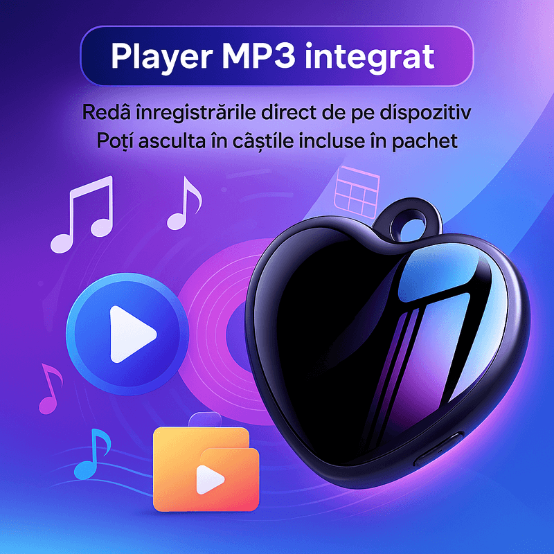 Produse digitale - Reportofon Spion CLC Q66 8GB, medalion inima, 96h inregistrare, activare vocala, DSP, baterie reincarcabila - Infinity.ro