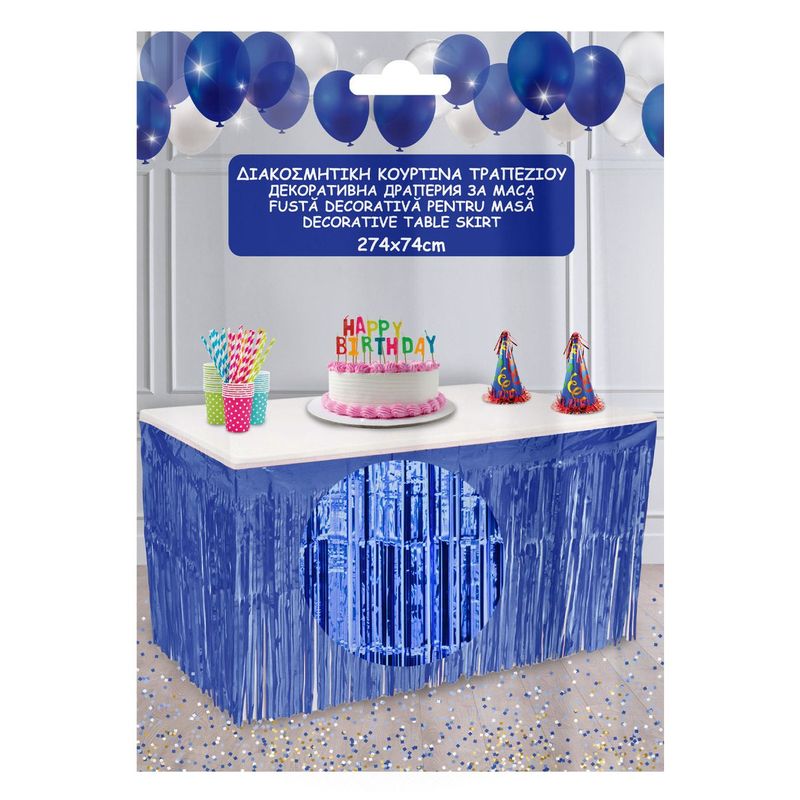 Casa si Gradina - Decoratiuni - Decoratiuni petrecere - Accesorii pentru petrecere - Fusta decorativa masa, model franjuri, culoare albastru, dimensiuni 274 x 74cm, material pet - Infinity.ro