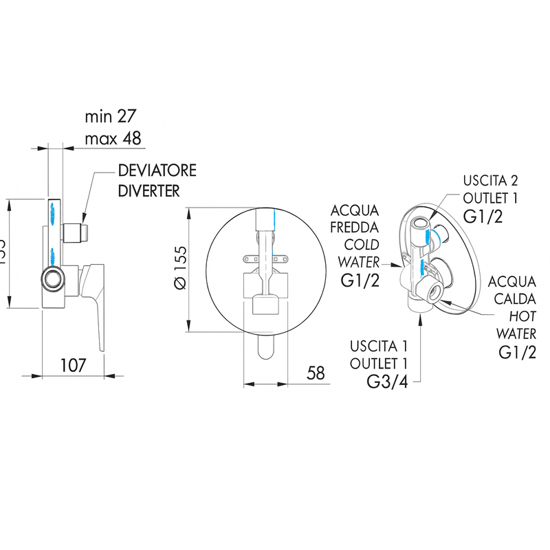 Casa si Gradina - Sanitare - Lavoar baie si accesorii - Baterii sanitare - Baterie de cada si dus Remer Rubinetterie Winner W09, incastrata, comutator, monocomanda, 2 iesiri, crom lucios, alama - Infinity.ro