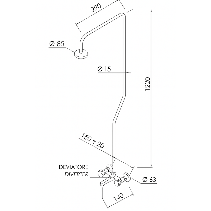 Casa si Gradina - Sanitare - Cazi si cabine de dus - Coloane si seturi de dus - Baterie de cada cu coloana dus Remer Rubinetterie 1000-2000 08Y, comutator, para tip ploaie, 1/2 x 3/4, aerator, alama - Infinity.ro