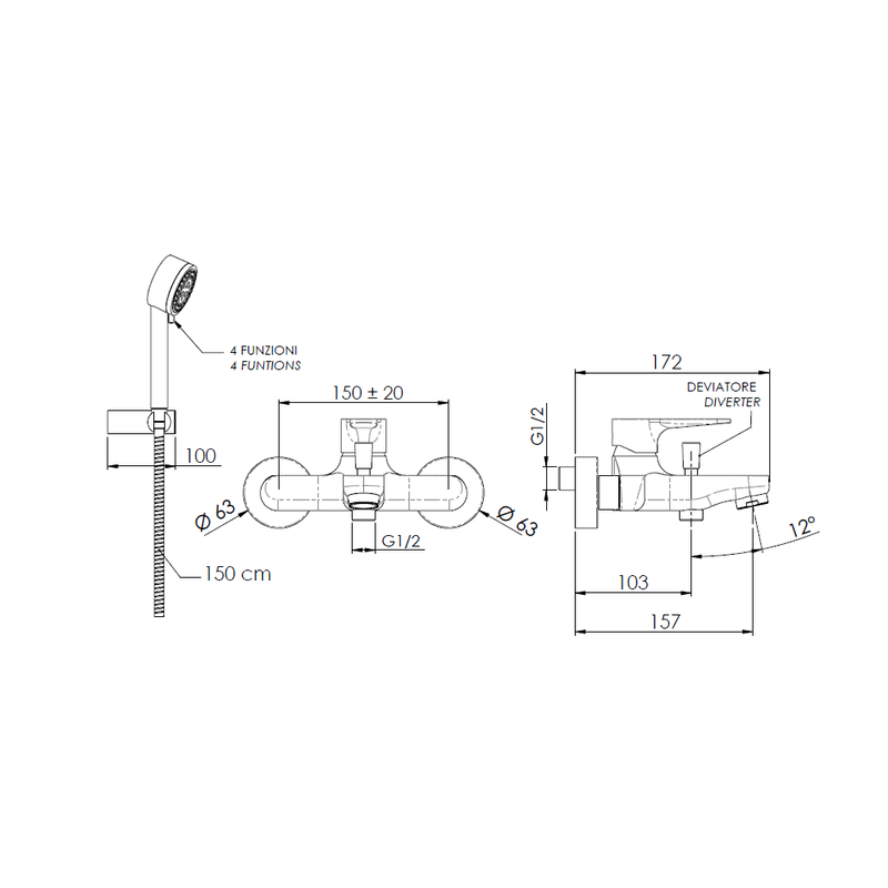 Casa si Gradina - Sanitare - Lavoar baie si accesorii - Baterii sanitare - Set baterie cada si dus Remer Rubinetterie Winner W02, monocomanda, cartus ceramic, montare rapida, 4 tipuri de jeturi - Infinity.ro