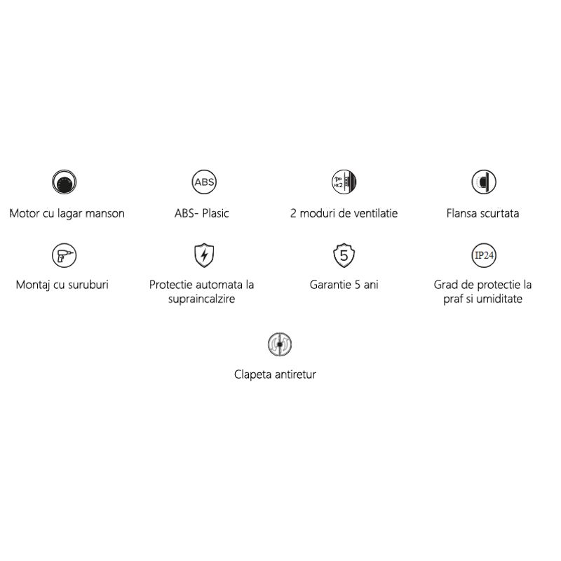 Casa si Gradina - Sanitare - Suporturi si accesorii baie - Sisteme de ventilatie - Ventilator baie VentEurope ROUND100BD, 100 mm, debit 105 mc/h, clapeta antiretur, IP24, 2 trepte, 17W silentios - Infinity.ro