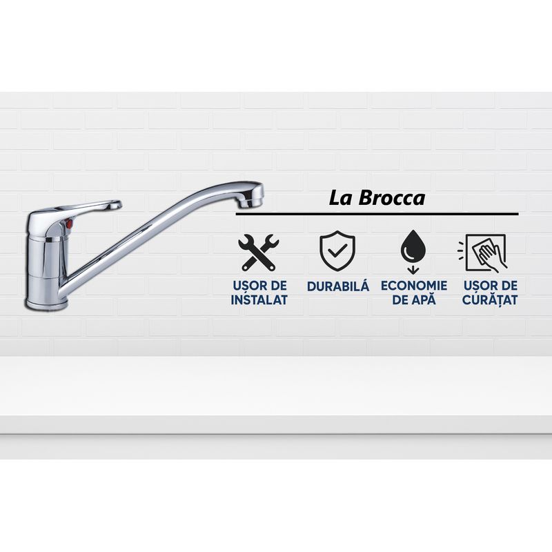 Casa si Gradina - Sanitare - Lavoar baie si accesorii - Baterii sanitare - Baterie bucatarie La Brocca SIENA P100C501, Monocomanda, Pipa lunga rotativa, Economie de apa, Silentioasa, alama - Infinity.ro