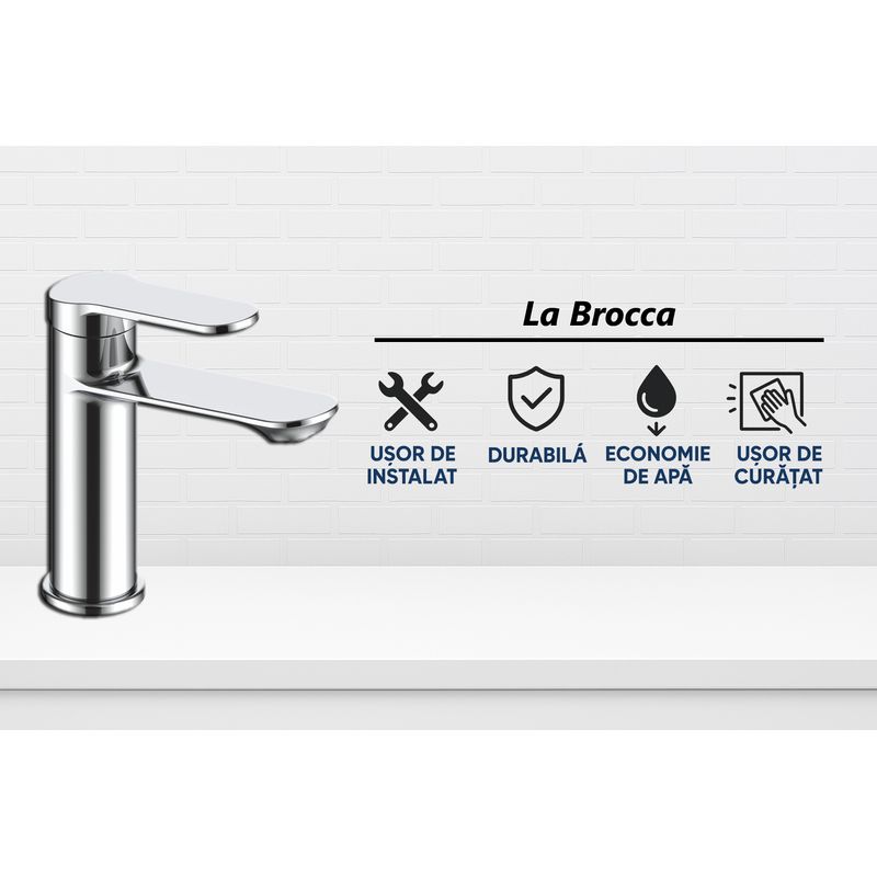 Casa si Gradina - Sanitare - Lavoar baie si accesorii - Baterii sanitare - Baterie chiuveta baie La Brocca MILANO P700D105, Monocomanda, Design slim, Racorduri incluse, Economie de apa, alama - Infinity.ro