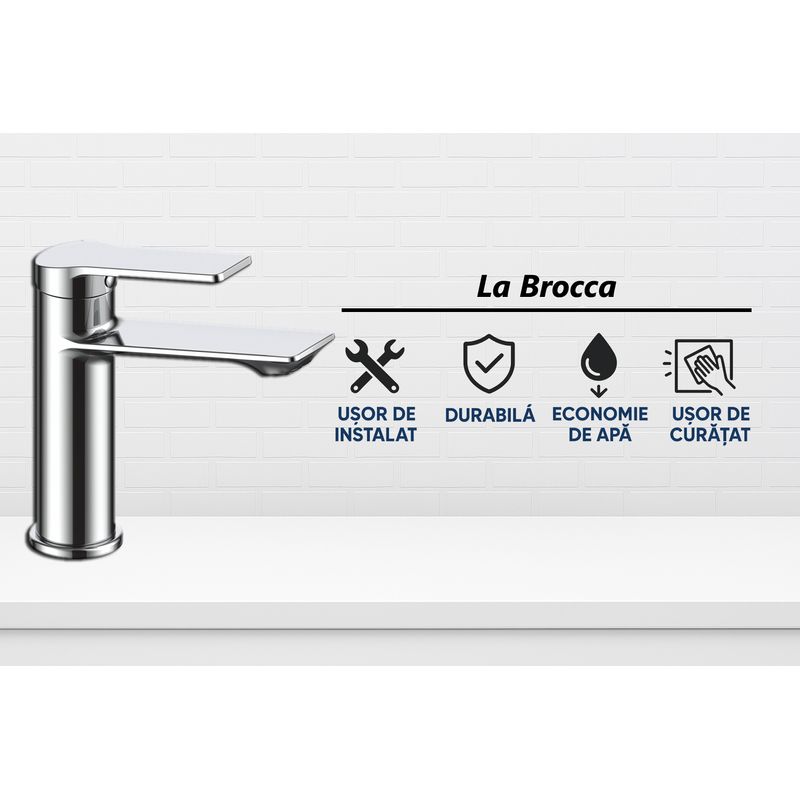 Casa si Gradina - Sanitare - Lavoar baie si accesorii - Baterii sanitare - Baterie chiuveta baie La Brocca ROMA P800D105, Monocomanda, Design slim, Racorduri incluse, Economie de apa, alama - Infinity.ro