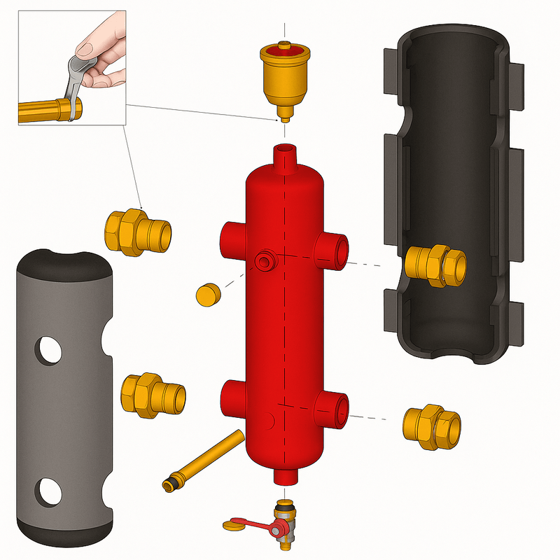 Casa si Gradina - Sanitare - Instalatii hidro - Sisteme filtrare instalatii - Separator hidraulic magnetic multifunctional Giacomini R146IM008, cu racorduri filetate RC 2", max. 9 m³/h, 7.2 l - Infinity.ro