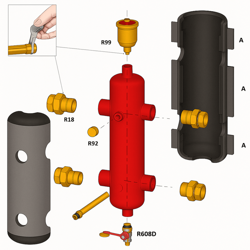 Casa si Gradina - Sanitare - Instalatii hidro - Sisteme filtrare instalatii - Separator hidraulic Giacomini R146IY006, G 1 1/4", 4 m³/h, izolatie, functie de eliminare impuritati, aerisire automata - Infinity.ro
