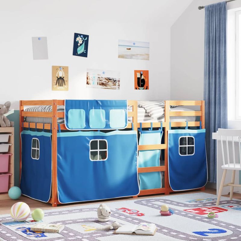 Casa si Gradina - Mobilier - Paturi si accesorii - Paturi - Pat supraetajat cu perdele, albastru, 80x200 cm, lemn masiv pin - Infinity.ro