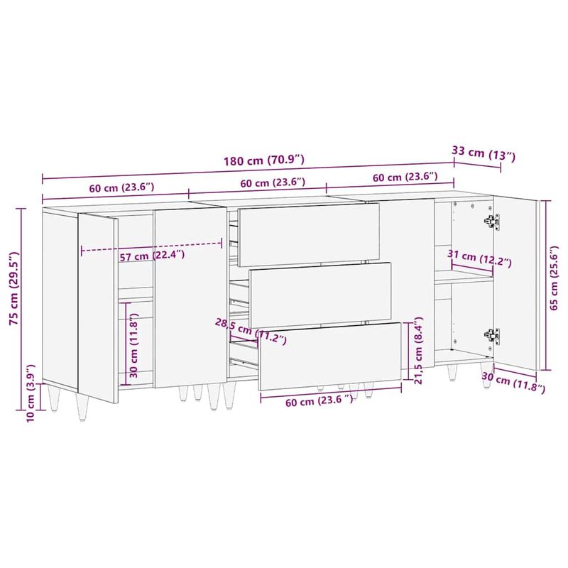 Casa si Gradina - Mobilier - Dulapuri si sifoniere - Dulapuri - Set de bufet 3 pcs Maro 180 x 33 x 75 cm Lemn masiv de mango - Infinity.ro