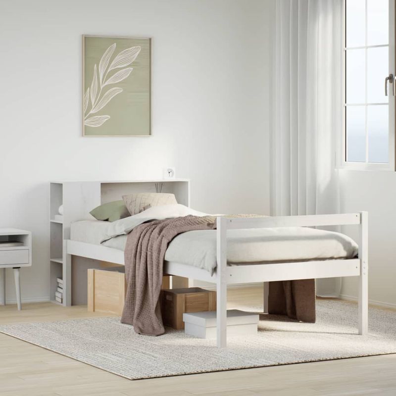 Casa si Gradina - Mobilier - Paturi si accesorii - Paturi - Pat cu biblioteca fara saltea, alb, 75x190 cm, lemn masiv pin - Infinity.ro
