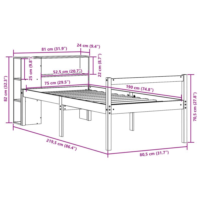 Casa si Gradina - Mobilier - Paturi si accesorii - Paturi - Pat cu biblioteca fara saltea, alb, 75x190 cm, lemn masiv pin - Infinity.ro