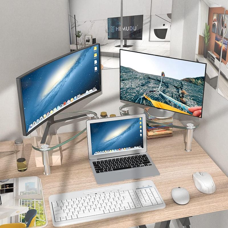 PC, gaming si accesorii - Desktop PC & monitoare - Accesorii monitoare - Suport monitor triunghiular din sticla securizata, reglaj inaltime, inclinare, capacitate 40kg, design ergonomic - Infinity.ro