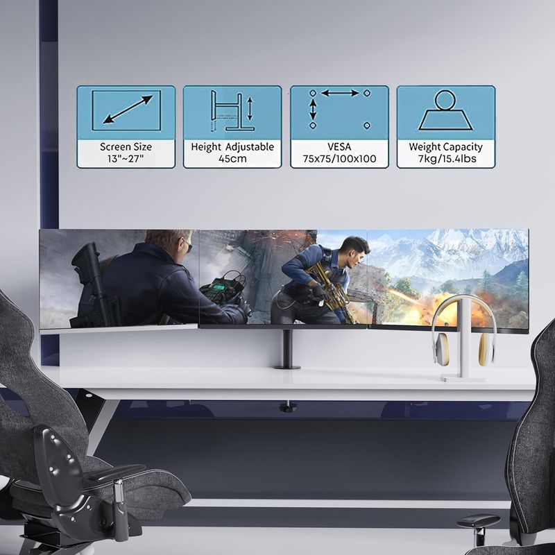 PC, gaming si accesorii - Desktop PC & monitoare - Accesorii monitoare - Suport birou monitoare, 13-27 inch, brat triplu, reglabil, rotatie 360, prindere VESA 75x75 100x100, management cabluri - Infinity.ro