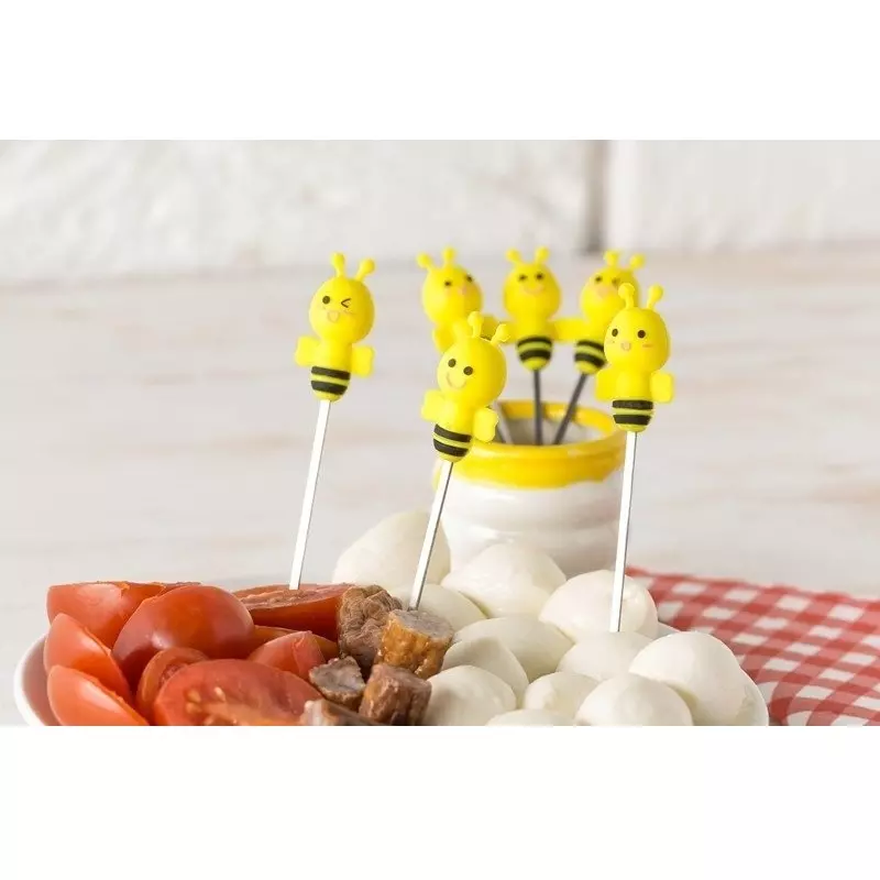 Casa si Gradina - Bucatarie si vesela - Vesela si tacamuri - Tacamuri si seturi - Set 6 furculite metalice in forma de albinute din silicon, cu vas, Gonga® Galben - Infinity.ro