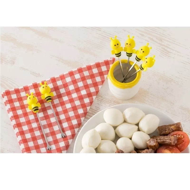 Casa si Gradina - Bucatarie si vesela - Vesela si tacamuri - Tacamuri si seturi - Set 6 furculite metalice in forma de albinute din silicon, cu vas, Gonga® Galben - Infinity.ro