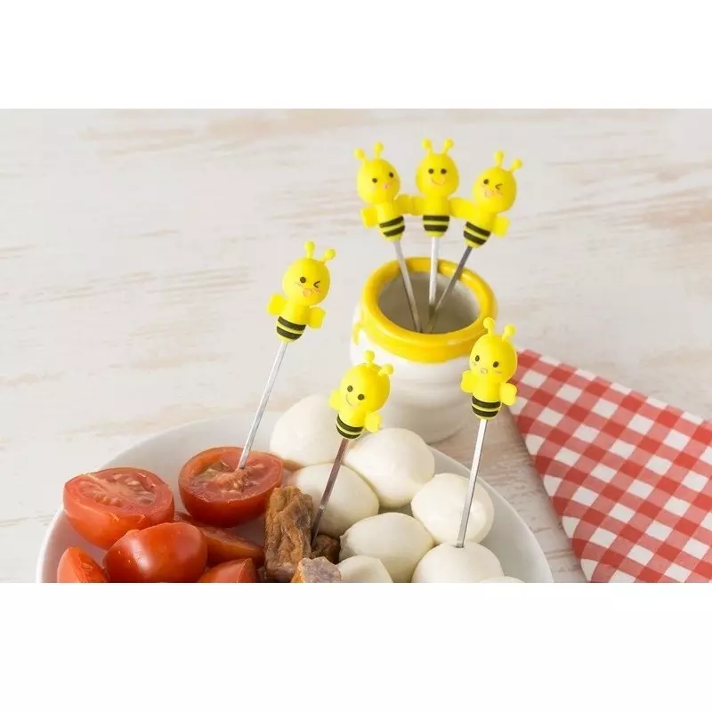 Casa si Gradina - Bucatarie si vesela - Vesela si tacamuri - Tacamuri si seturi - Set 6 furculite metalice in forma de albinute din silicon, cu vas, Gonga® Galben - Infinity.ro