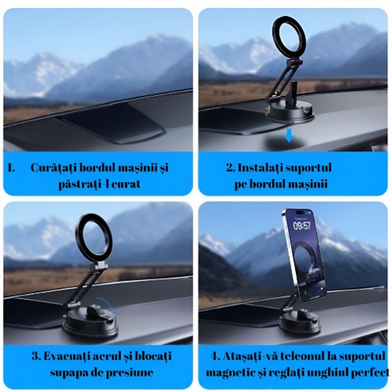 Laptop, Telefoane si Tablete - Telefoane mobile si accesorii - Accesorii Telefoane - Suport si docking telefoane - Suport telefon auto magnetic, rotatie 360 grade, prindere bord/parbriz, ajustabil, inaltime reglabila, negru, universal, rotatie completa, fixare sigura - Infinity.ro