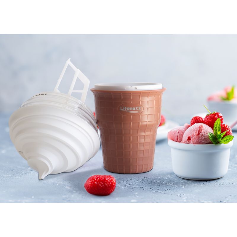 Electronice si Electrocasnice - Electrocasnice bucatarie - Aparate de gatit & desert - Aparate de preparat desert - Mini aparat de facut inghetata Lifenaxx LX-059, 330ml, USB-C, 8W, Alb/Maro - Infinity.ro